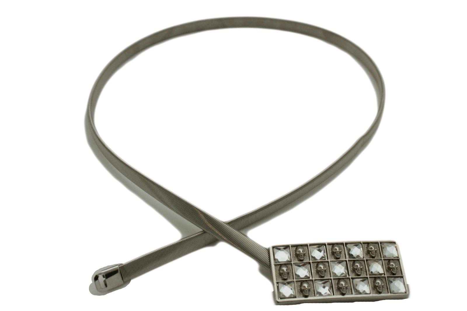 TFJ Women Fashion Elastic Skinny Metal Narrow Belt Hip High Waist Long Buckle S M L (Silver - mini skulls buckle)