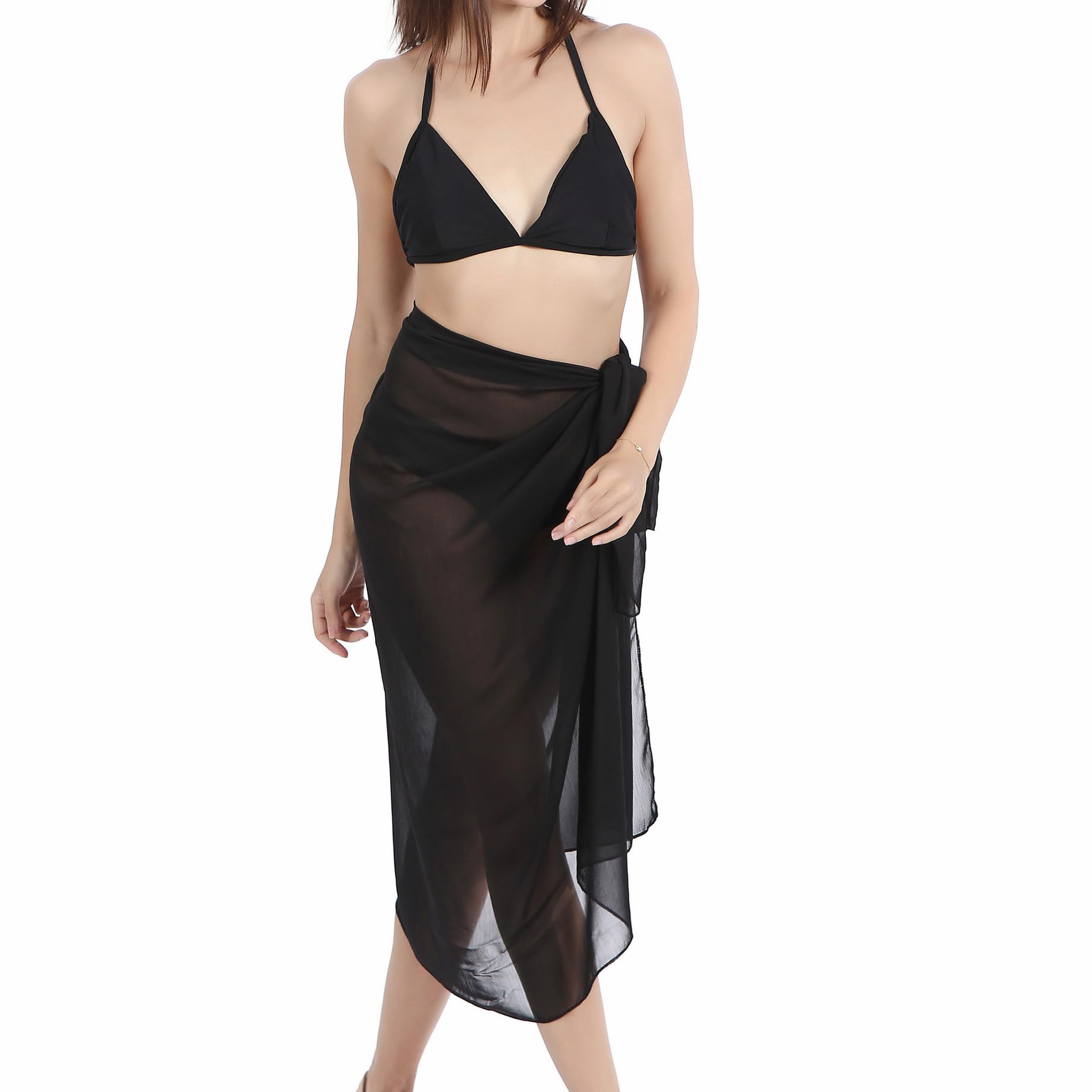 Pareo de playa tipo sarong de chifón de color sólido para cubrir el traje de baño para mujer, talla única , Negro 4