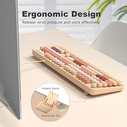 Miniatura 8 de KNOWSQT Teclado de computadora con cable, diseño de té de leche, colorido, retro, tamaño completo, redondo, máquina de escribir, bonitos teclados