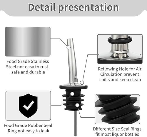 Miniatura 4 de 6 vertedores de botellas de licor, boquilla de acero inoxidable para botellas de licor, tapas selladas para verter vino con cepillo de 7.9 in para