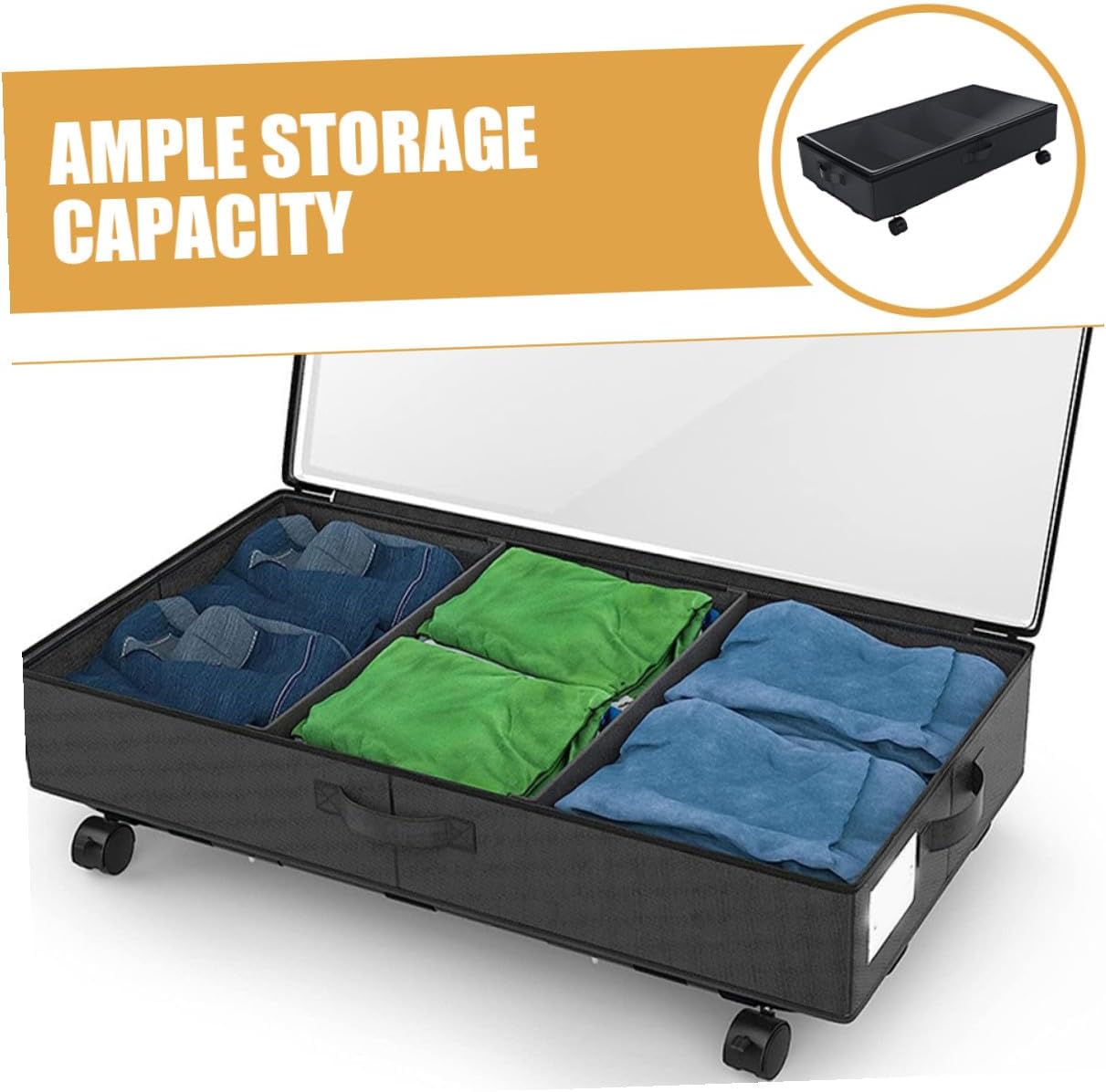 Healifty Bed Clothes Organizer Bin with Wheels, Oxford Fabric 3-compartment Large Capacity Storage Cart, Dustproof Clothing and Storage for Bedroom