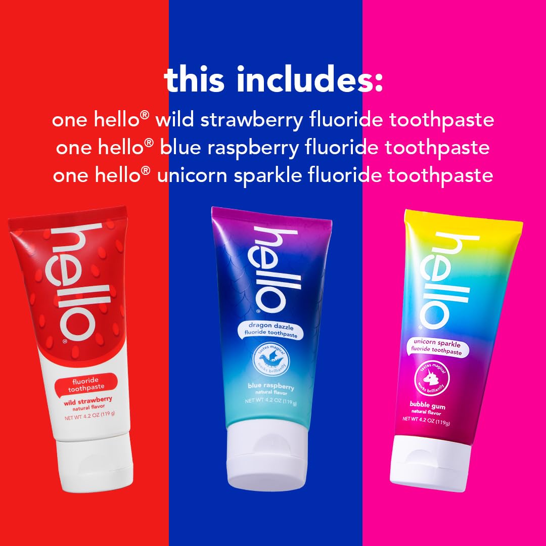 hello Variety (Unicorn, Strawberry, Dragon) Fluoride Kids Toothpaste, Anticavity & Kids Mouthwash with Unicorn Bubble Gum Flavor, Alcohol Free Mouthwash for Kids with Fluoride,Safe for Ages 6 and Up
