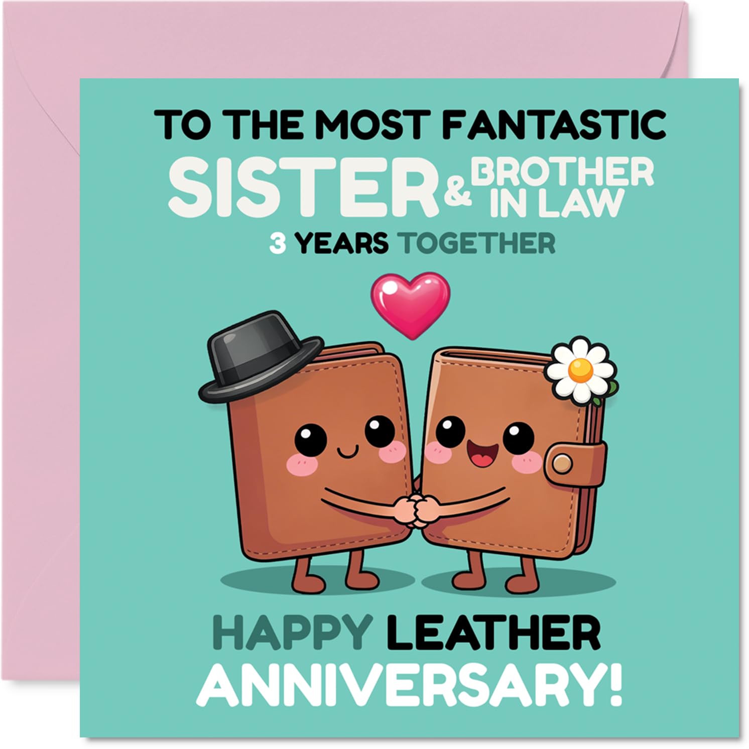Playful 3rd Anniversary Card for Sister & Brother In Law - Leather Anniversary Laughs - Cartoon Books Holding Hands in Cheerful Turquoise - 145mm Square, Envelope Included
