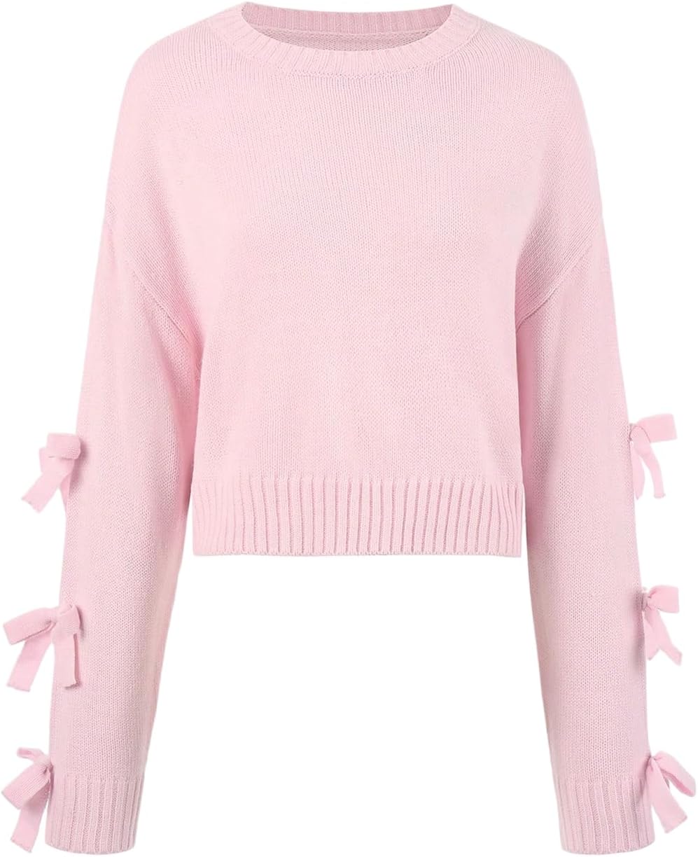 GORGLITTER Women's Bow Sweater Casual Crew Neck Knit Long Sleeve Fall Oversized Pullover Tops Winter Trendy Outfits