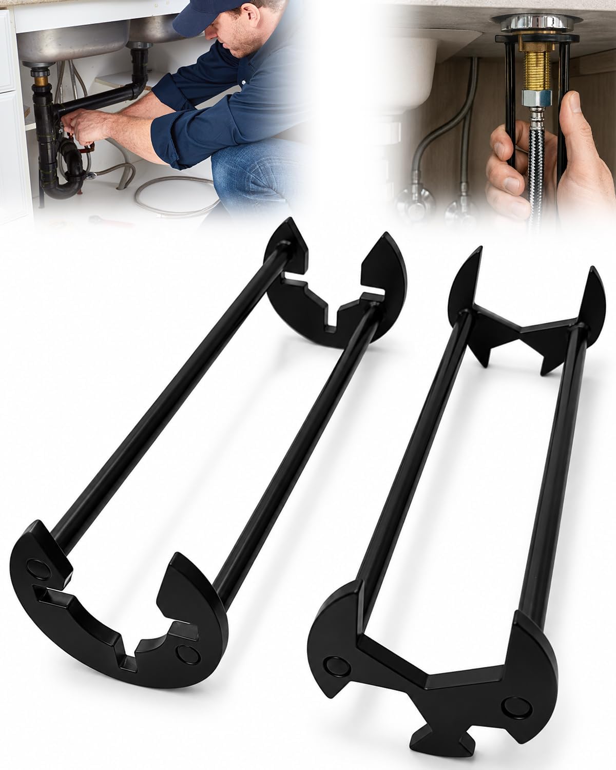 5mm Steel Multifunctional Sink Wrench Set with Opening Design - 2Pcs Black | 7-in-1 Basin Wrench for Tight Spaces|Heavy Duty Thickened|Not Break Not Deform|4-Jaw Hex Spanner|No Need to Replace Adapters