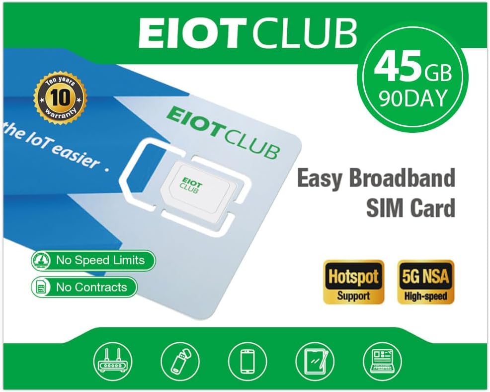 EIOTCLUB Prepaid Data SIM Card 45GB/90Day, 5G/4G LTE Nationwide Coverage, Compatible with AT&T Network | Data Only SIM Card for Routers, Portable WiFi Hotspots, Tablets & Unlocked Phones, No Contract