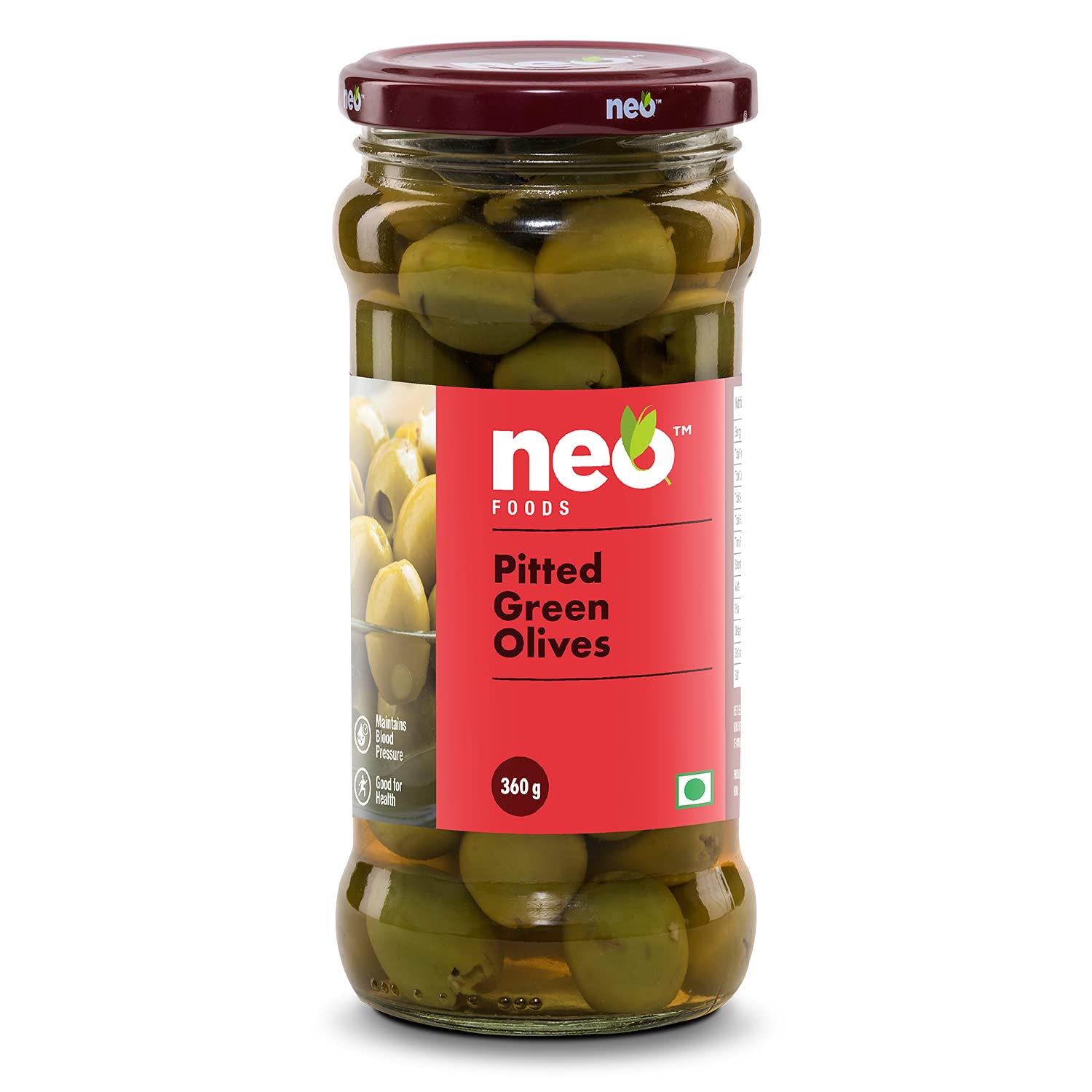 Neo Pitted Green Olives 360g I Low Fat Ready-to-Eat Healthy Snack, Source of Fibre, No Added Preservatives (Pack of 1)