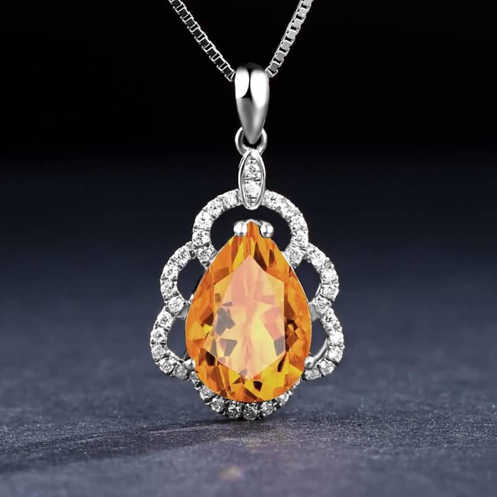 Ciondolo per Collana Oro Bianco Vera, Collana Donna Elegante da Matrimonio con Citrino 3 Carati e Diamante Sintetico, Gioielli con Pietra del Mese di Nascita