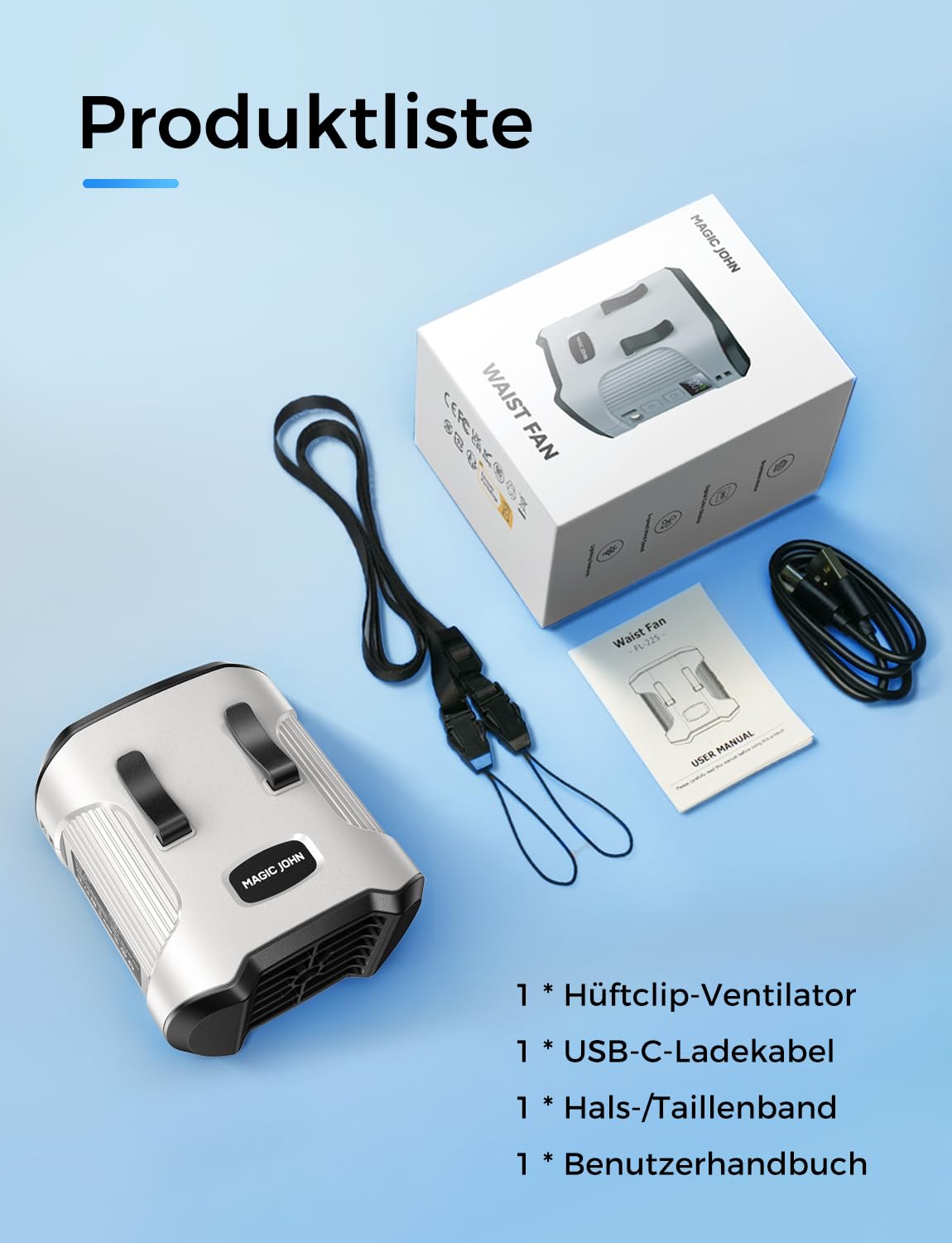 MAGIC JOHN Ventilatore a vita sospesa, con clip a vita portatile, 3 velocità, ricaricabile, con batteria da 4000 mAh, per campeggio, attività all'aperto (grigio)