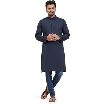 SKAVIJ Men's Shirt Cotton Kurta Long Sleeve Tunic Casual Shirts Blue S