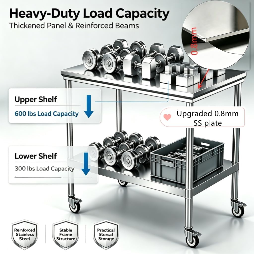 32x20In Heavy Duty Stainless Steel Work Table with Lockable Wheels | 900 lbs capacity, no-tool assembly & 2nd shelf. Lockable wheels for kitchen, restaurant, garage & home.