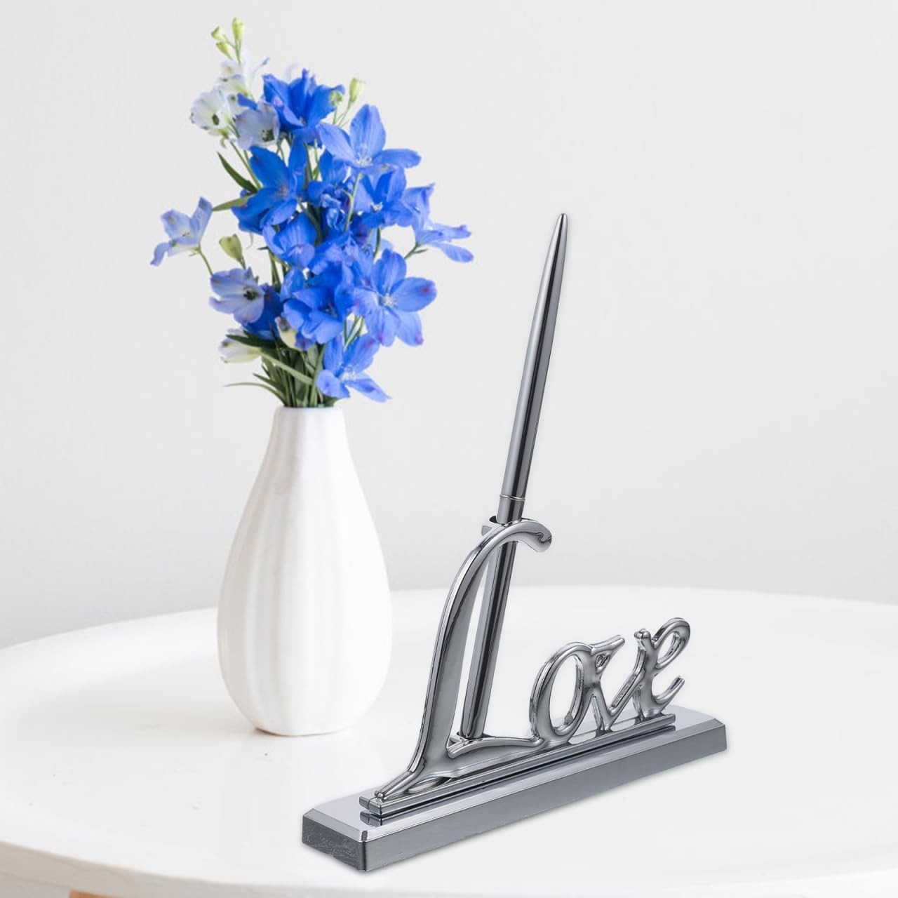NUOBESTY Wedding Signing Pen Set with Silver Plated Love Pen Holder for Guest Book Signing Engagement and Party