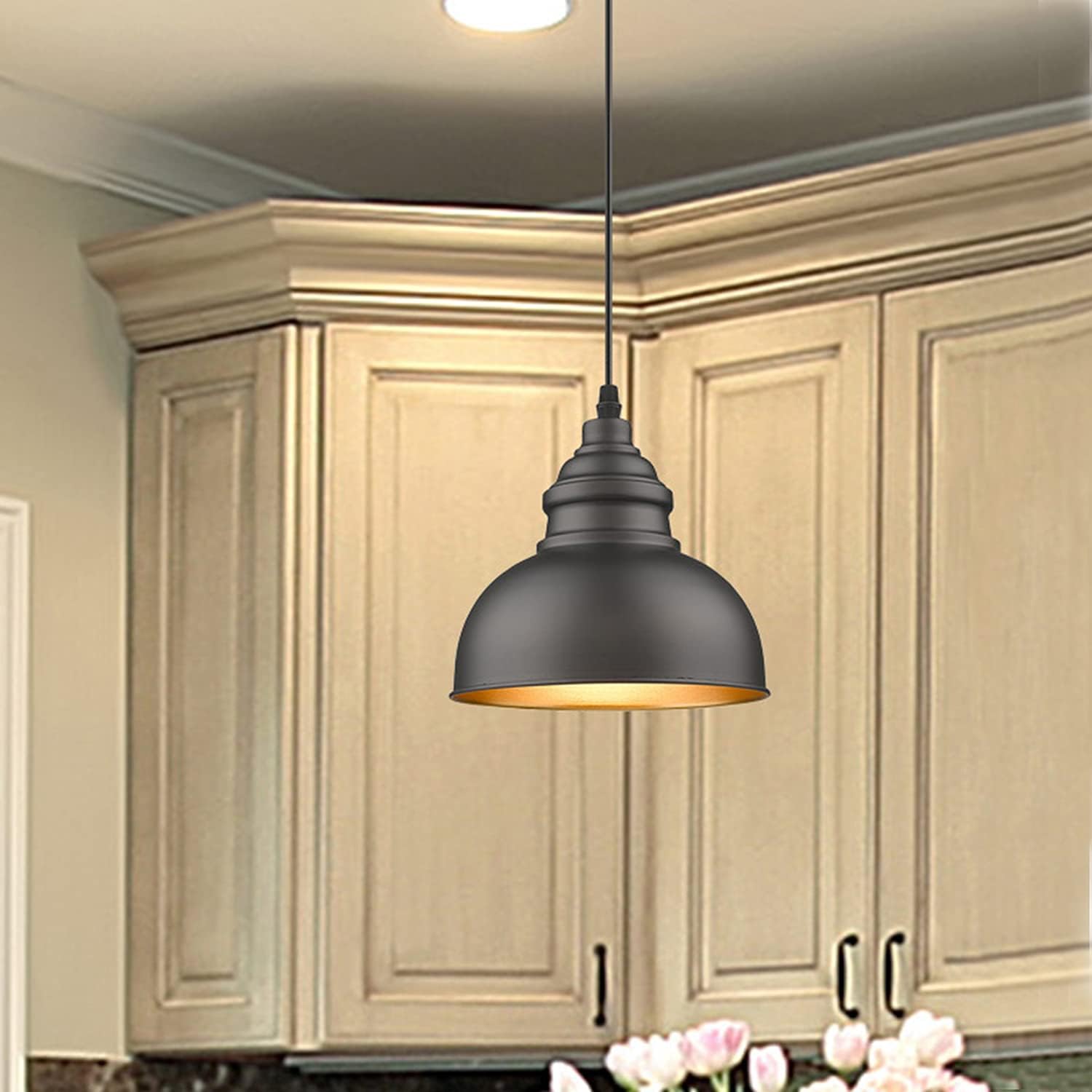 Farmhouse Mini Pendant Lighting Over Island, Industrial Adjustable Height Ceiling Light Fixture, Bronze Round Hanging Fixture for Dining Room, Bedroom, Living Room, Restaurant, Bar