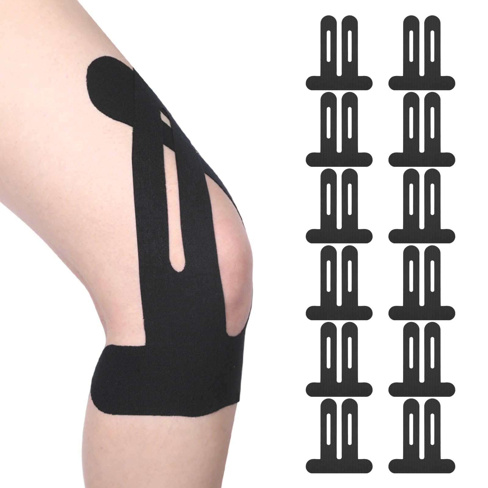 Pack of 12 Knee Tapes Pre-Cut Pre-Cut Kinesiology Tape Kinesiology Tape Waterproof for Knee Pain for Sports and Fitness Suitable for Hiking and Running 22 x 25 cm (Black)