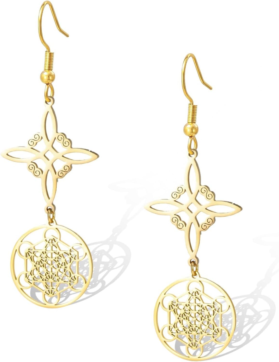 Eouyt Witchcraft Dangle Earrings Stainless Steel Sacred Geometry Metatron Cube Knot Protection Gift for Women Witches Celtic Jewelry Amulet, Gold 2