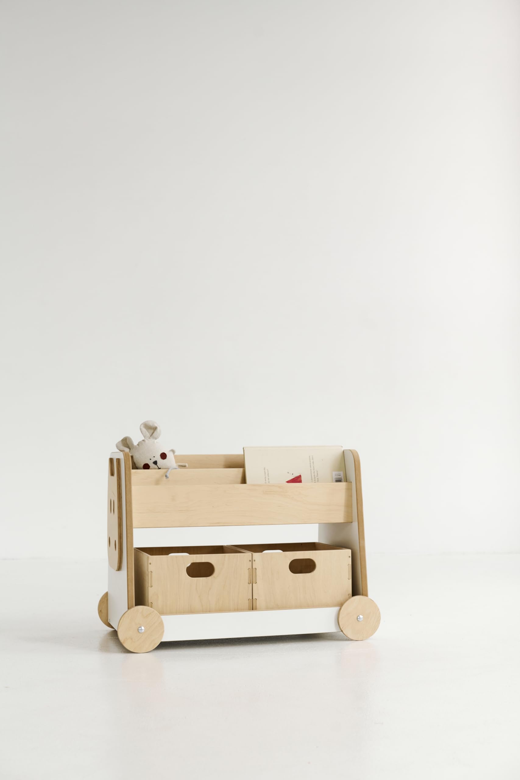 Babywood Holzbuchregal auf Rädern | sicheres Buchregal für Kinder | Kinderregal mit 2 Spielzeugkisten | Montessori-Buchregal | Lagerbuchregal | Bücherregal mit Zwei Holzspielzeugkisten