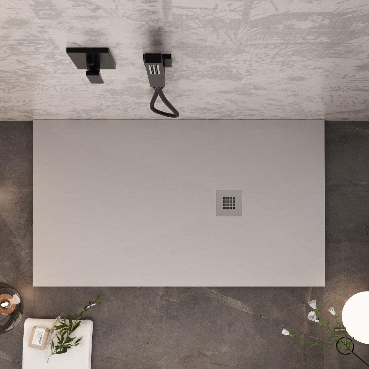 Luminosa ArredoBagno Piatto Doccia Marmoresina 70x140 - Effetto Pietra Antiscivolo con GELCOAT - Modello MARMOTEK Colore Grigio Chiaro - Griglia in Acciaio e piletta Incluse