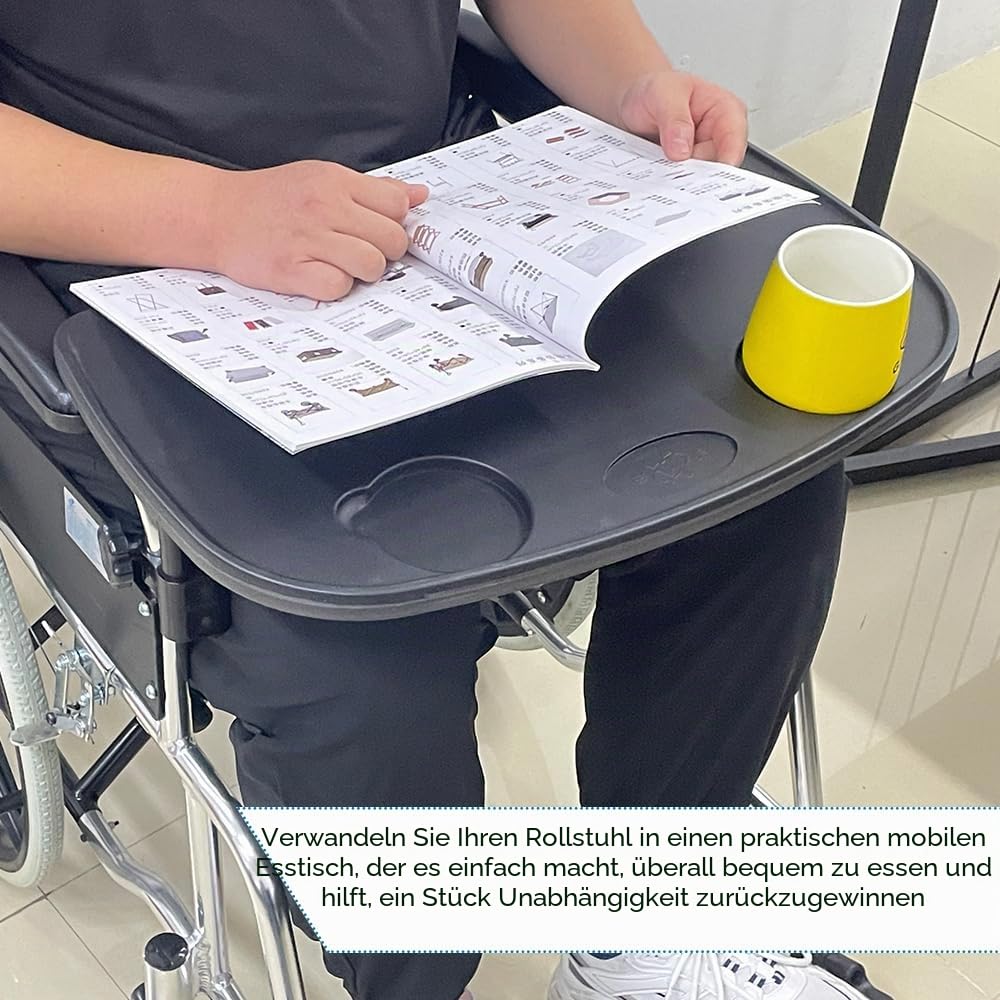 Rollstuhl-Tablett mit Getränkehalter, abnehmbarer Rollstuhl-Schreibtisch, Knietafel für Krankenpfleger, Esshilfe, passend für Rollstuhlarme mit Abstand von 40,6 cm und 50,8 cm, Schwarz