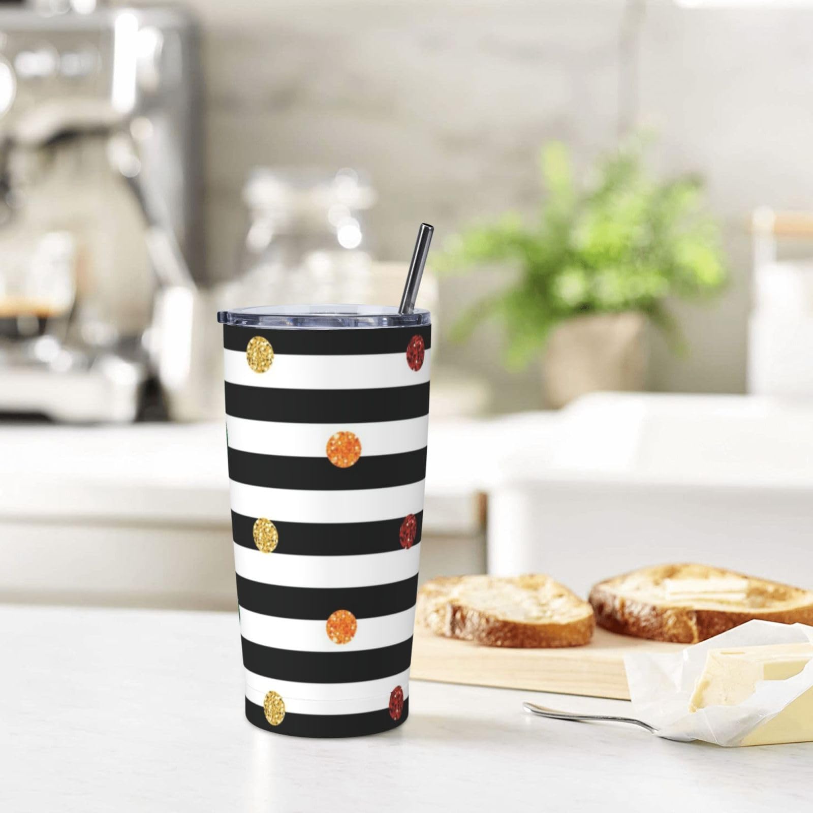 Tazza termica portatile in acciaio inox con stampa a pois arcobaleno glitterata in bianco e nero