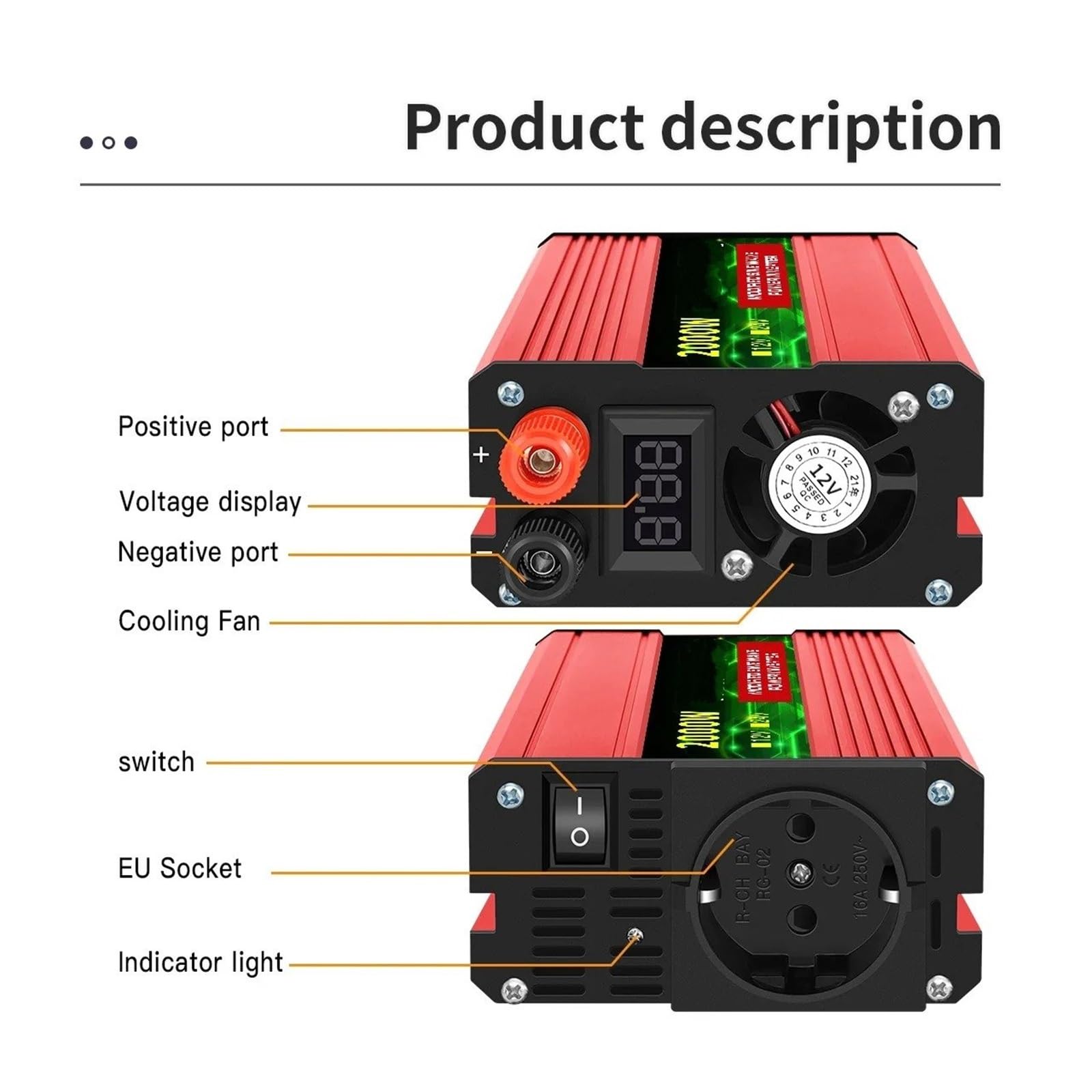Inversor Onda Sinusoidal Modificada con Pantalla Voltaje 12 V CC A 220 V CA 600 W 1500 W 2500 W 3000 W Portátil(12V1500W50HZ UN)