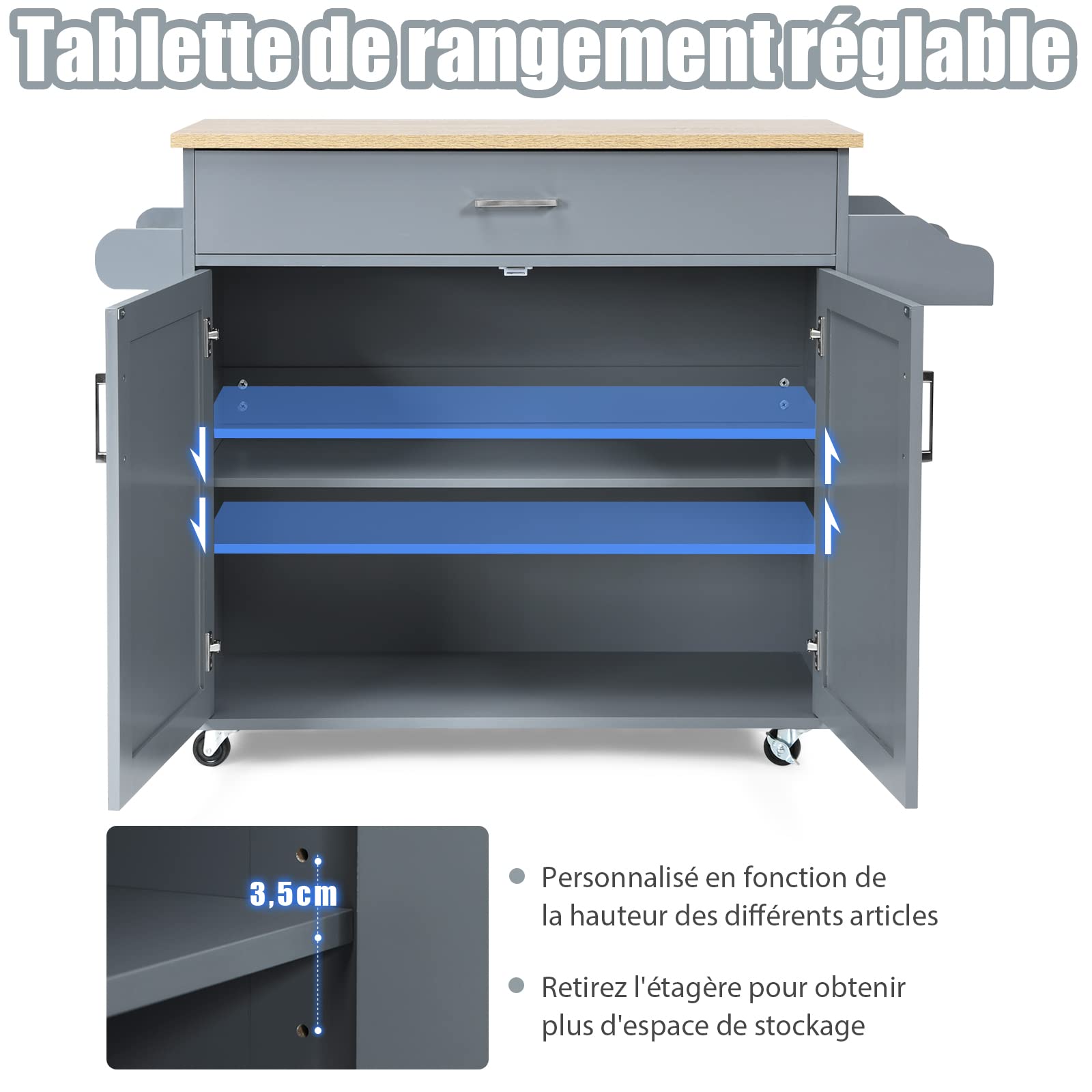 COSTWAY Dessert de Cuisine à roulettes Verrouillables, Ilot Central Cuisine Étagère Réglable sur 3 Niveaux, Grand Placard, Tiroir, Porte-épices et Porte-Serviettes, 40 x 116 x 85 cm (Gris)