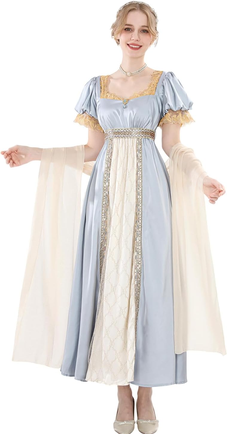 LTAKK Regency Dress Women Satin Regency Costume Empire Waist Tea Party Victorian Gown with Shawl