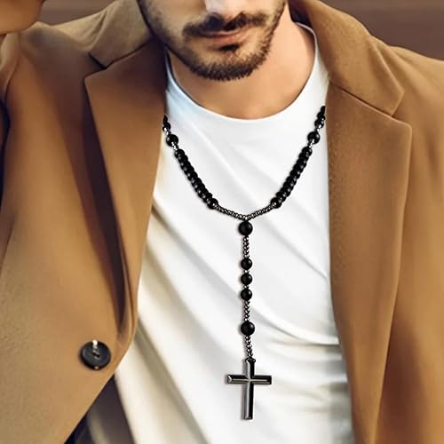 Miniatura 2 de Lava Rock Bracelets Tiger Eye Necklace for Men, Hematite Cross Rosary Necklace Triple Protection Healing Crystal Jewelry Gifts for Dad Grandpa