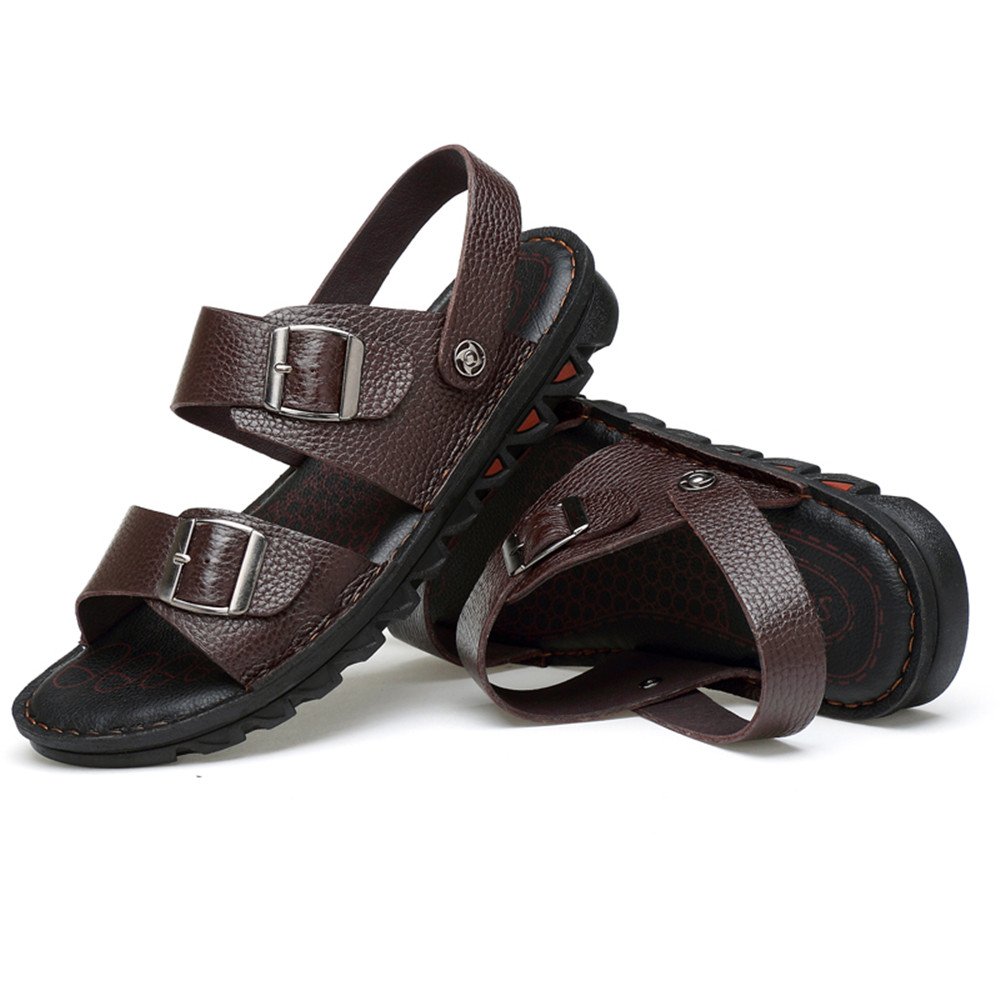 Yajie-shoes, Men's Genuine Cowhide Leather Beach Slippers Casual Non-Slip Sandals Shoes Adjustable Backless (Color : Brown, Size : 5 UK)