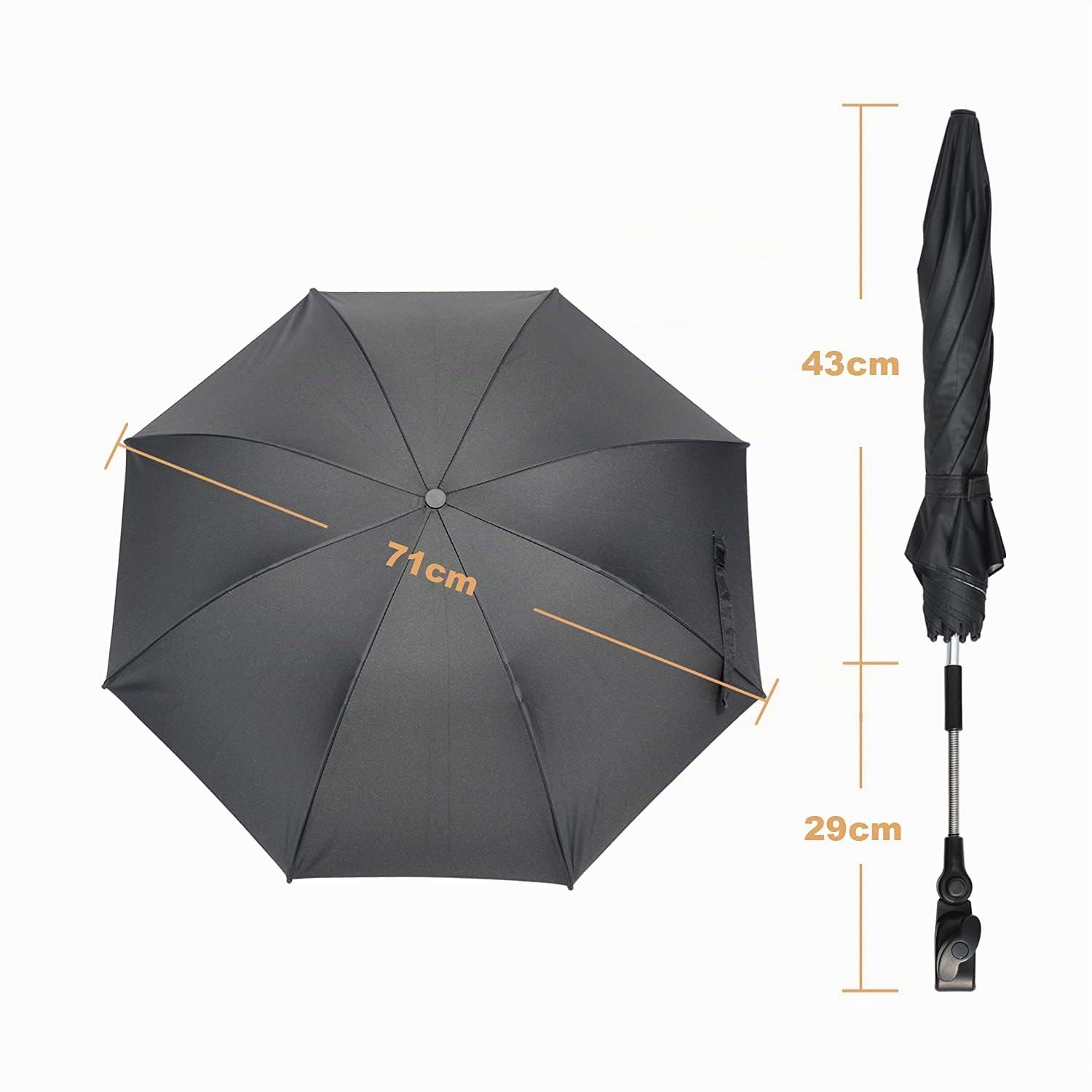 Sombrilla Universal para Cochecito de Bebé, 72 cm Parasoles de Silla de Paseo con Revestimiento UV para Protección UV 50+, con un mango de paraguas, para Cochecito & Silla de Paseo - Negro