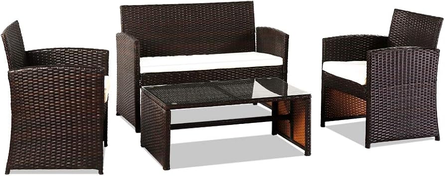 Outdoor Patio Furniture Sets - 3-Piece All-Weather PE Wicker Conversation Indoor Rattan Chair Wicker Set for Outdoor Indoor Use Backyard Porch Garden Poolside Balcony Terrace 4-Pieces Brown