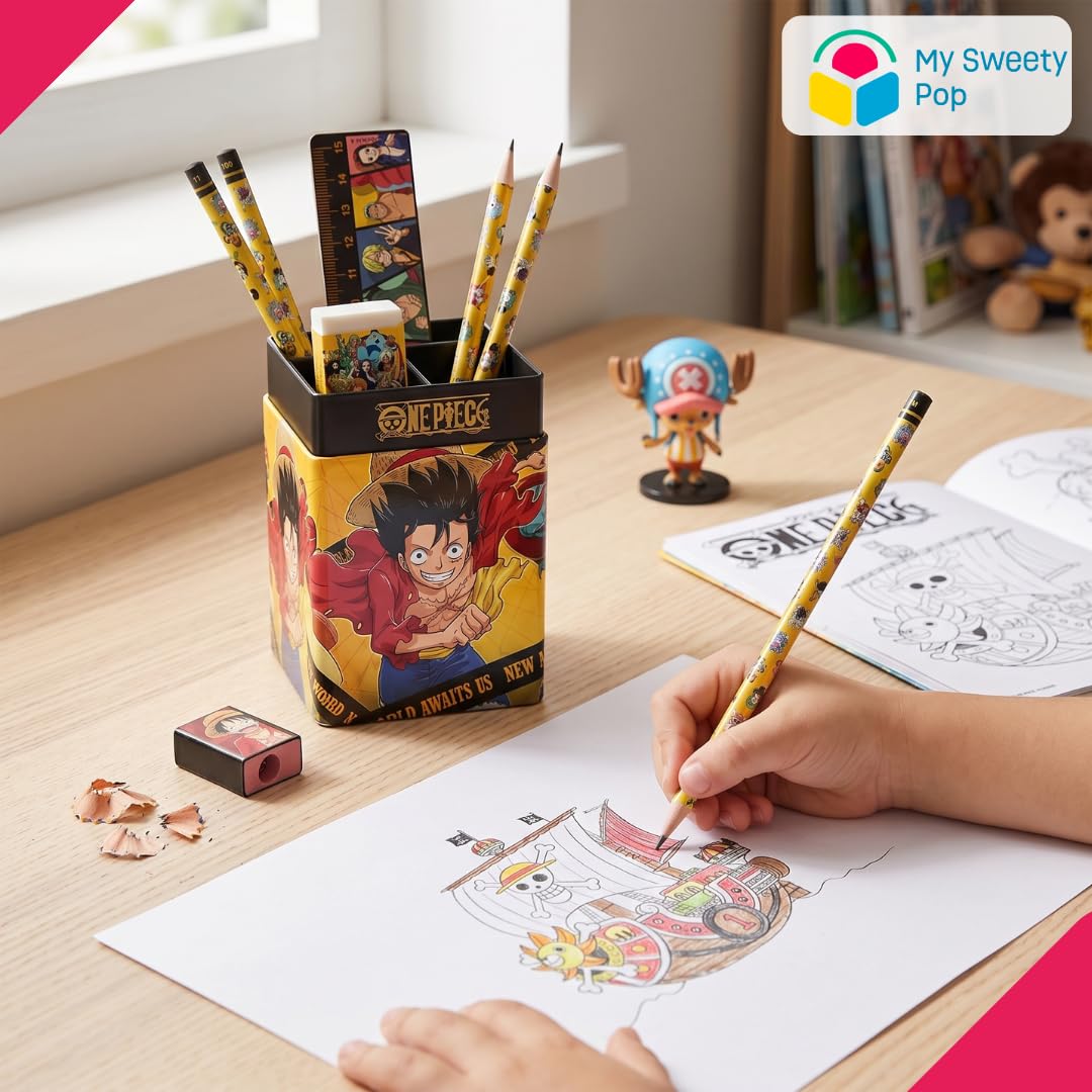 My sweety pop | Set di articoli per la scrittura One Piece 7 pezzi | Kit di articoli scolastici per bambini con portamatite, gomma, righello, temperamatite e 3 matite | Idea regalo per anniversario