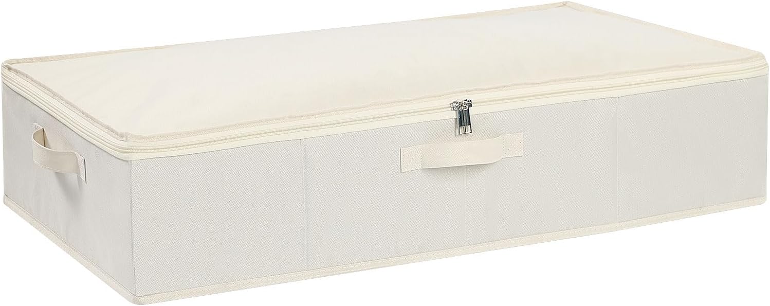 1-Pack Under Bed Storage Box with Lid, Foldable Wardrobe Organiser with Reinforced Handles for Blanket, Sheets, Clothing, Shoes, Beige, 60×30×15 cm
