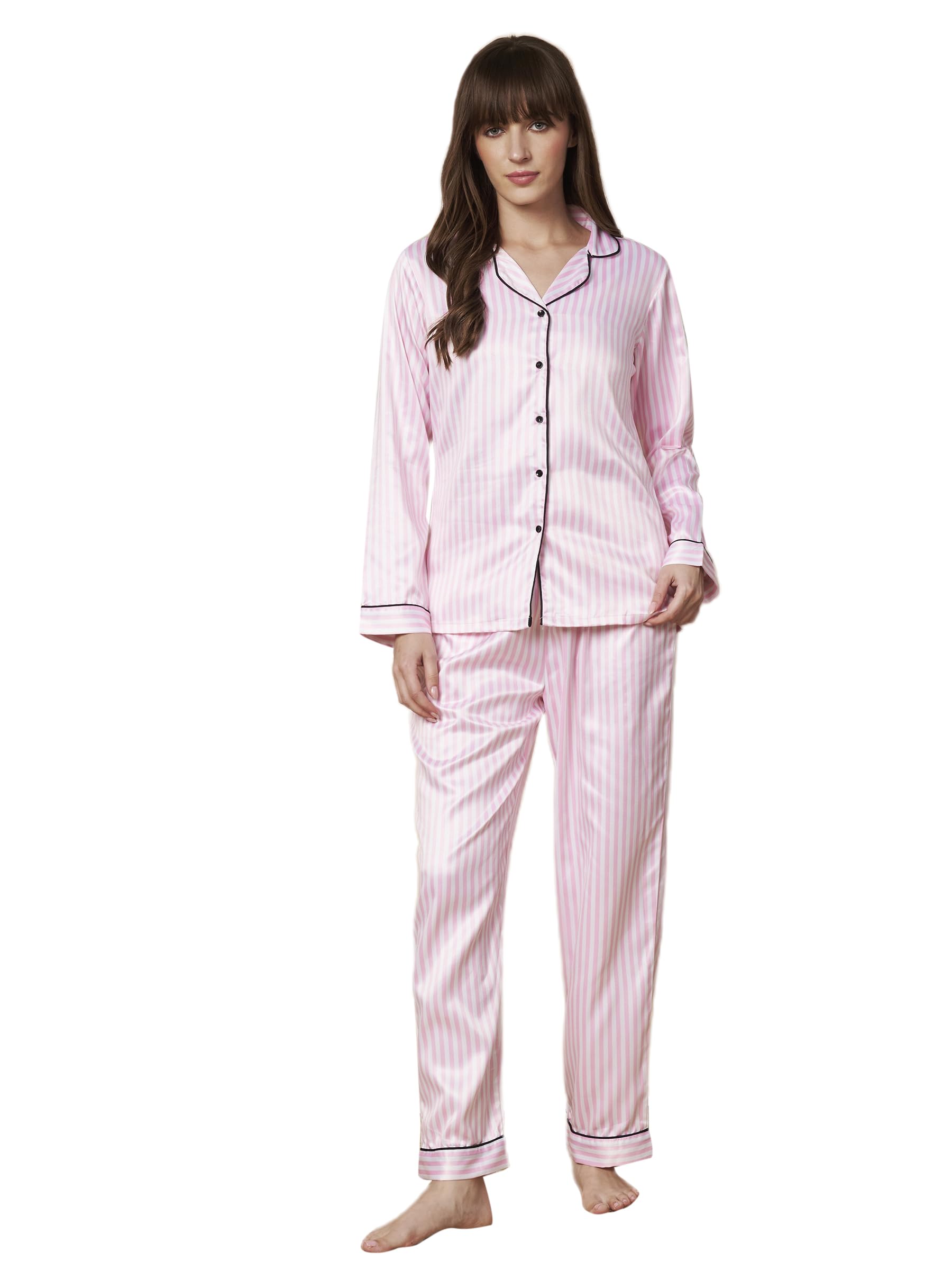 fbella Women Pink Stripe Satin Night Suit Set with Shirt & Pants-picture-49