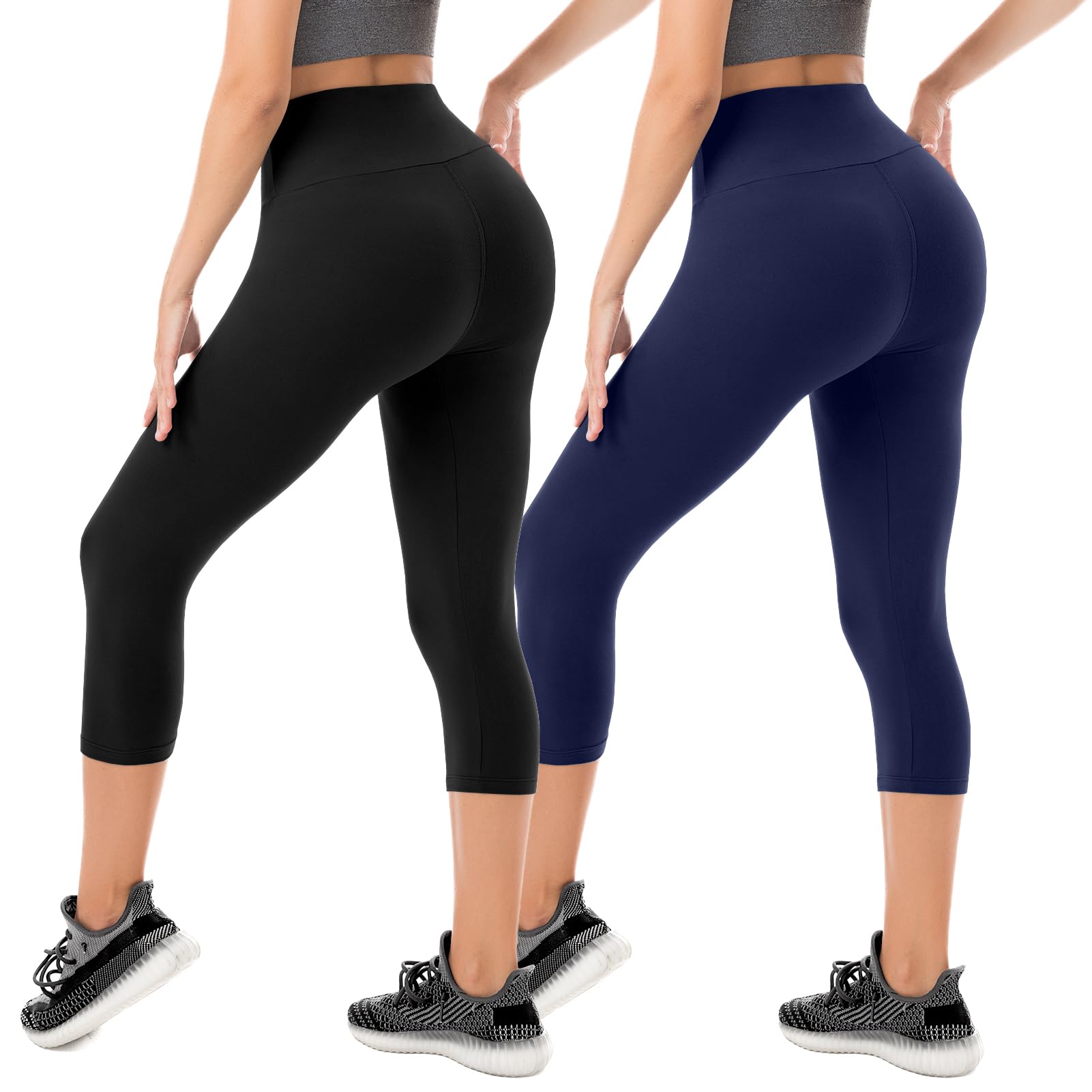 SINOPHANT Capri Leggings for Women - 2 Packs Buttery Soft Yoga Pants for Gym Athletic Black Navy LXL