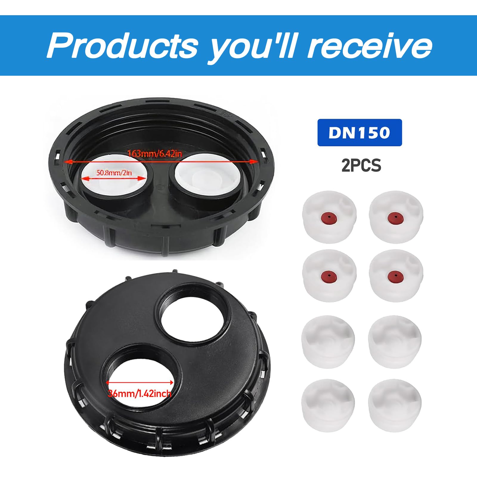 IBC Bouchons de Réservoir 163 mm, 2 Pièces IBC Couvercle de Réservoir Ventilé avec Double Aération, Bouchon de Réservoir IBC avec Bouchon de Rechange 2 Pouces pour Cuve Eau 1000 L