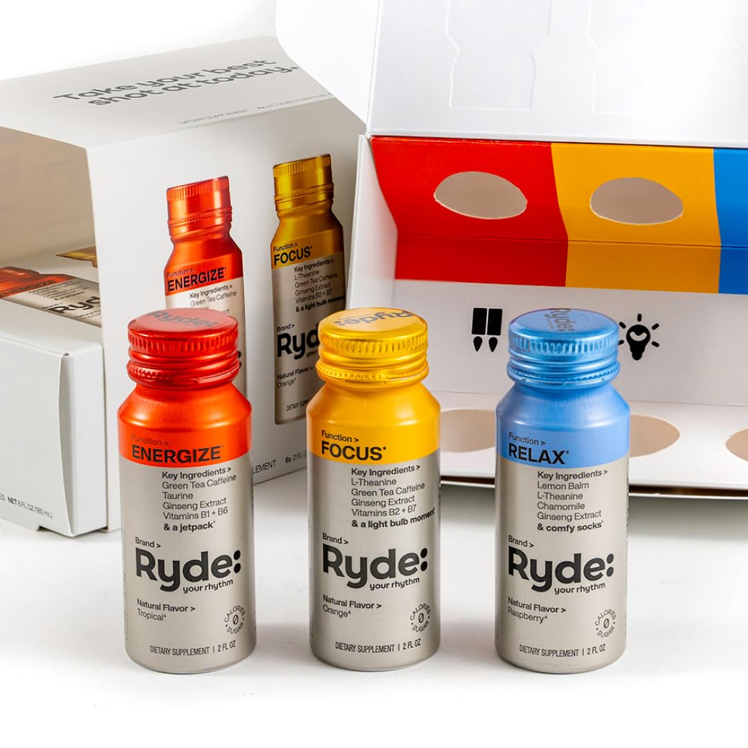 RYDE: Discovery Pack | Energize, Focus & Relax Shots | Green Tea Caffeine, Taurine, Ginseng, B Vitamins, L-Theanine, Lemon Balm, Chamomile | 0 Calories, 0 Sugar | Variety Pack – Try Them All (6 Pack) RYDE: Discovery Pack | Energize, Focus & Relax Shots | Green Tea Caffeine, Taurine, Ginseng, B Vitamins, L-Theanine, Lemon Balm, Chamomile | 0 Calories, 0 Sugar | Variety Pack – Try Them All (6 Pack)