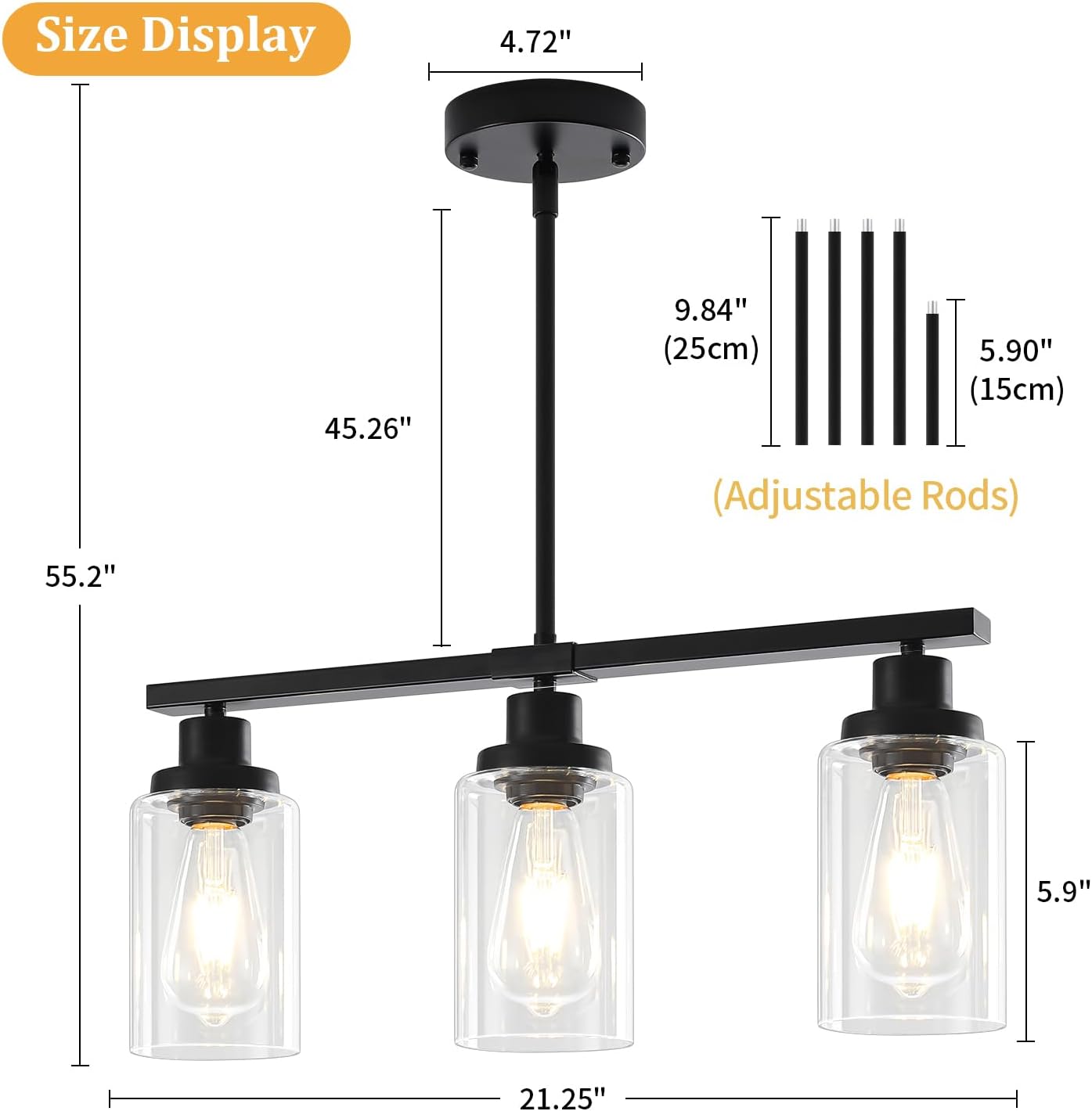 Modern Island Lights for Kitchen Black Dining Room Light Fixtures Over Table 3-Light Farmhouse Linear Chandelier Clear Glass Kitchen Lights Ceiling Adjustable Hanging Pendant Lighting Over Island