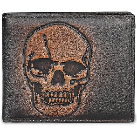 DK86 Skull Bifold Wallet for Men RFID Blocking Full Grain Leather With Hand Burnished Extra Capacity Multiple Card Slots with 2 ID Windows Cover