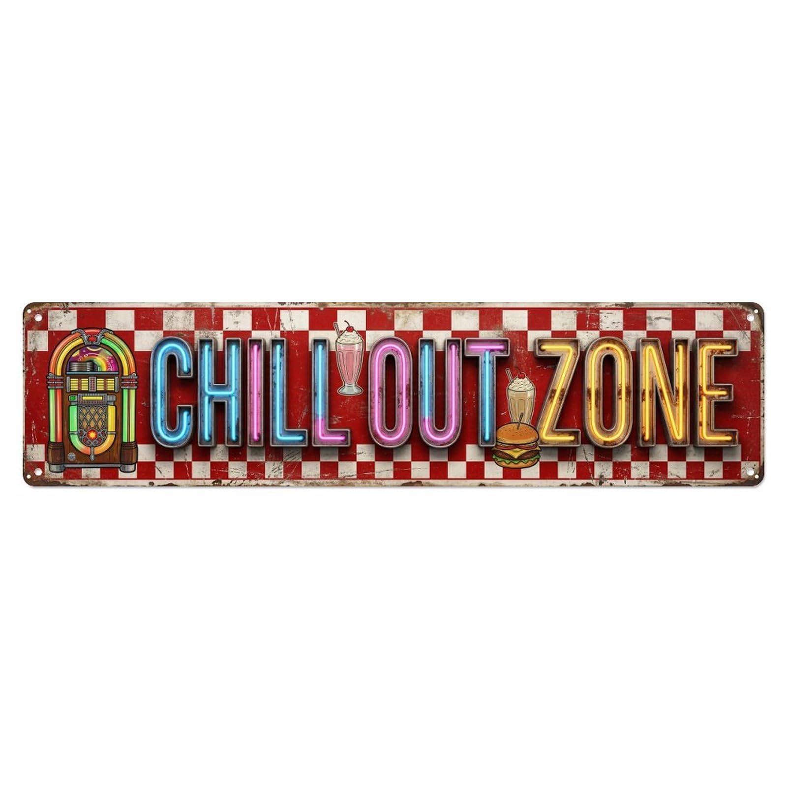 Chill Out Zone Aged Diner Metal Tin Skinny Sign Plaque Wall Decor for Cafe, Club Bar, Office, Home Garden Metal Poster 4x16Inch
