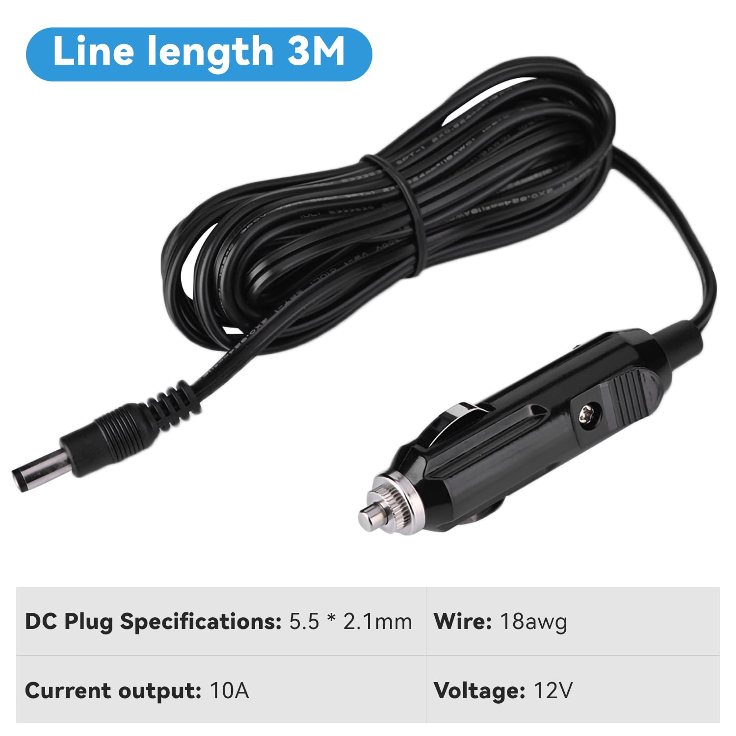 Câble de Charge Allume-Cigare 12V 10A 3 Mètres,Cordon d'Alimentation Renforcé 18AWG avec Fiche DC 5.5x2.1mm,pour Pompe à Air,Aspirateur Auto et Appareils Voiture