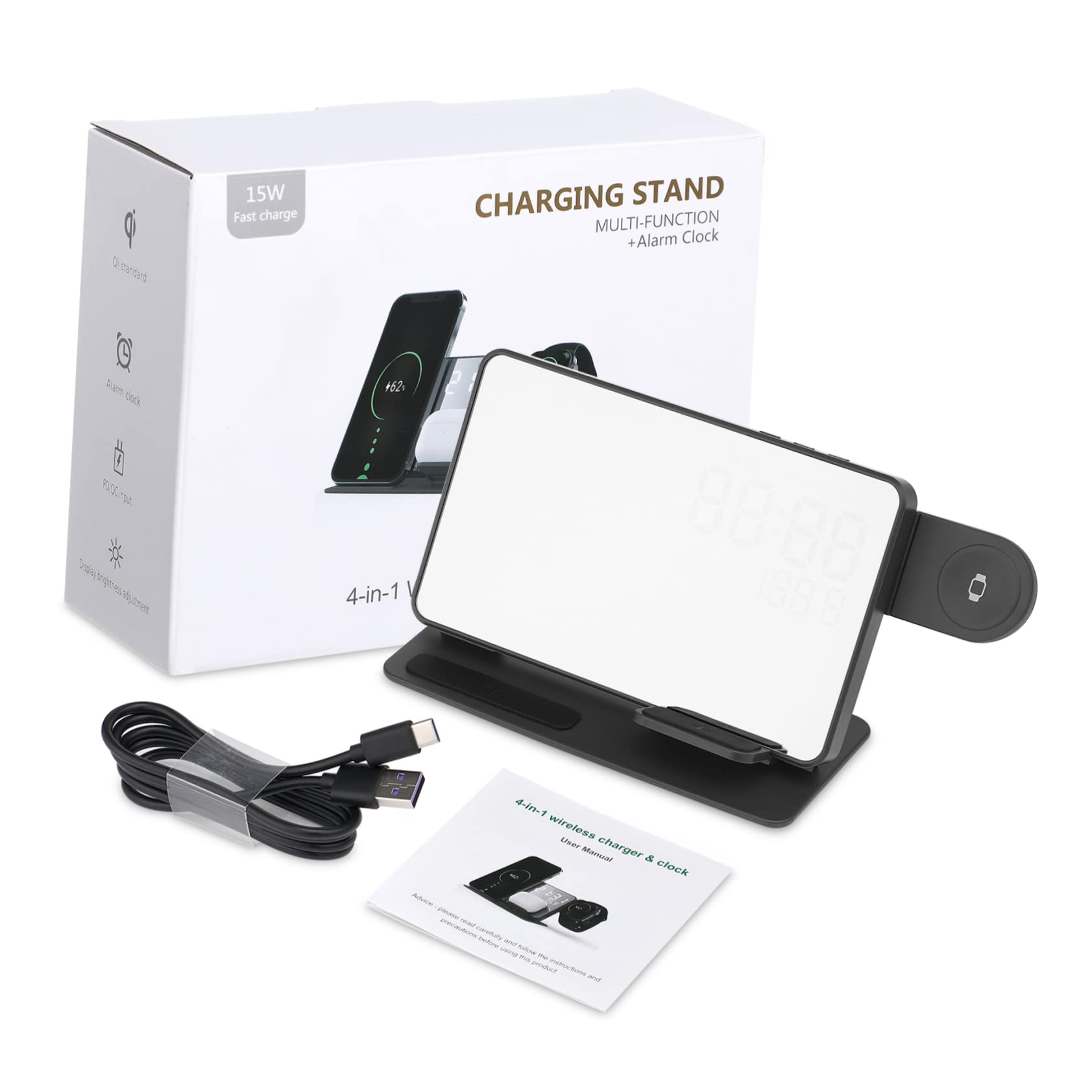 Station de Charge sans Fil Multifonctionnelle avec Réveil Numérique et Affichage de Température Compatible avec Samsung et Montres Charge Rapide pour Maison et Bureau