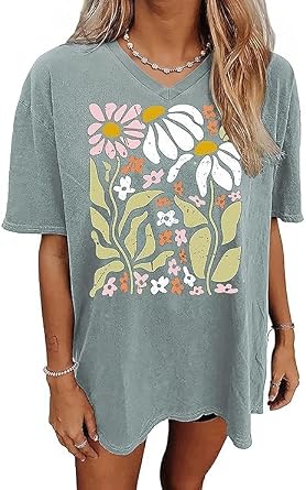 Qbily Womens V-Neck Oversized T-Shirt Summer Casual Cute Short Sleeve Looce Fit Basic Graphic Tees Tops