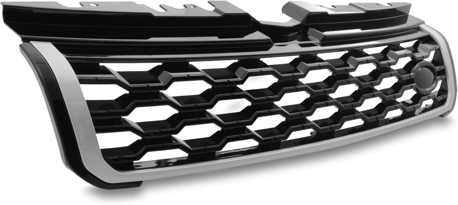 Predator4x4 Front Grille Black with Silver Trim Compatible with Land Rover Range Rover Evoque L538 2010-2017 Gloss Finish Honeycomb Hex Pattern Bumper Sport Upper Grill OEM+ Off-Road Grilles