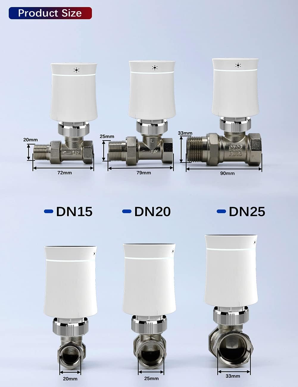 Product size comparison for DN15, DN20, DN25 radiator valves