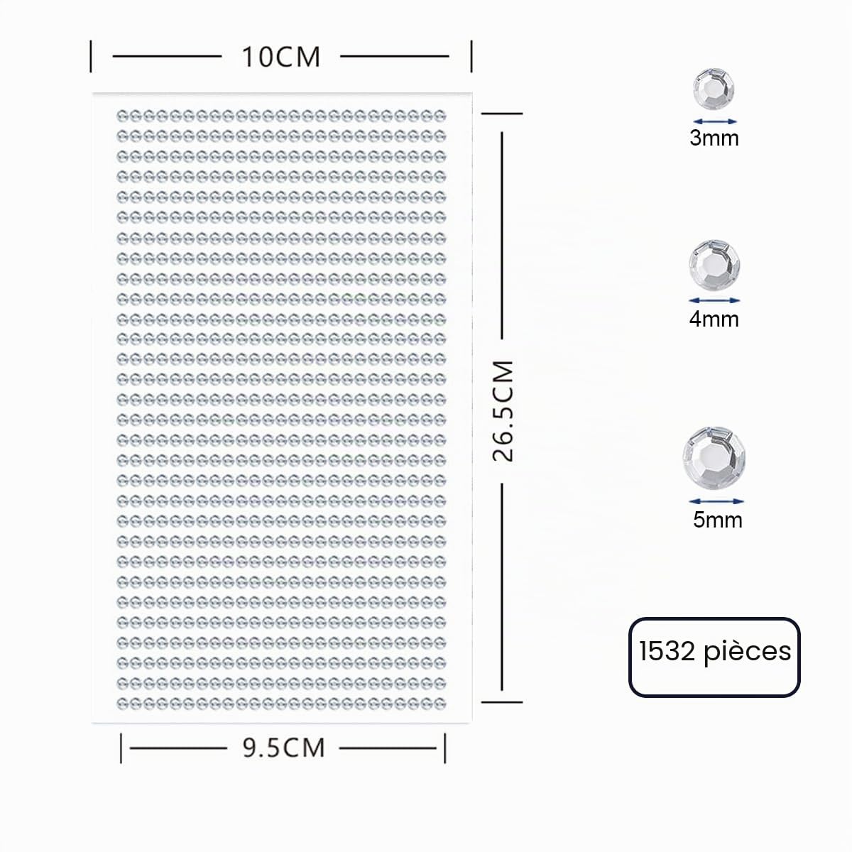 1532 Pièces Strass Autocollant Diamant, Autocollants Auto-Adhésifs, 3 Feuilles Strass Autocollants pour Décoration, pour DIY Visage Maquillage Décoration - 3mm 4mm 5mm