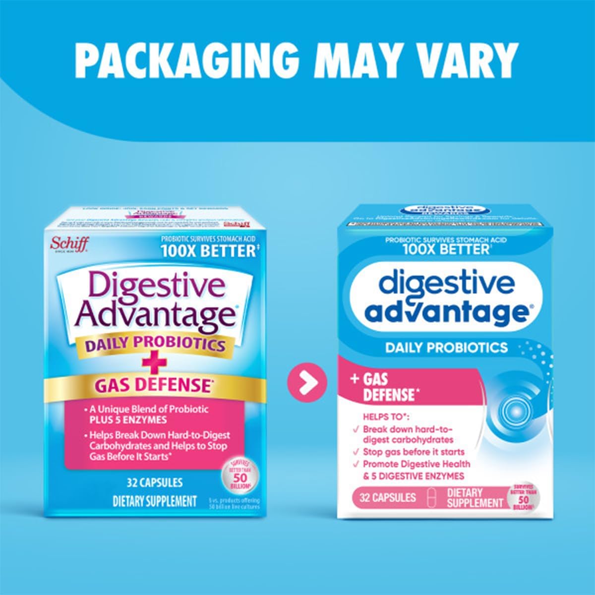 Digestive Advantage Fast Acting Enzymes + Daily Probiotic Prevent Gas & Break Down Food Particles 32 Count Capsules (2 Pack)