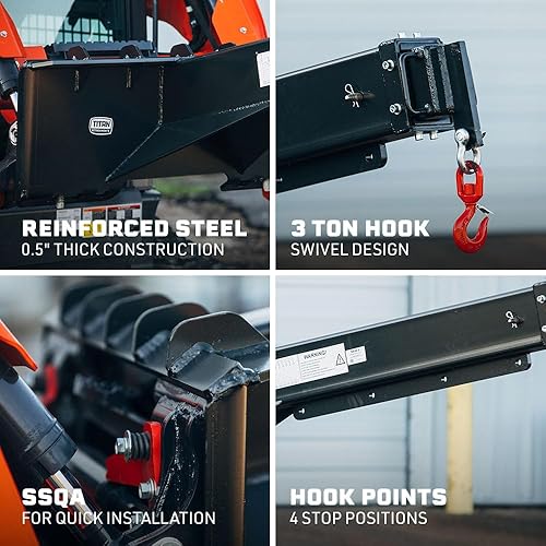 Miniatura 3 de Titan Attachments Minicargadora ajustable con gancho de 3 toneladas, pluma telescópica manual de 120 pulgadas, puntos de gancho ajustables, conexión