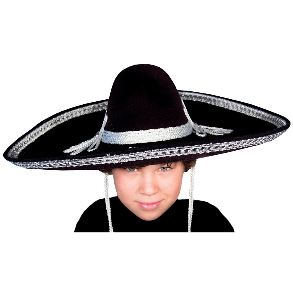 HMS Men's Mexican Sombrero 24 Inch Wide Simulated Wool with Silver Trim, Black, One Size
