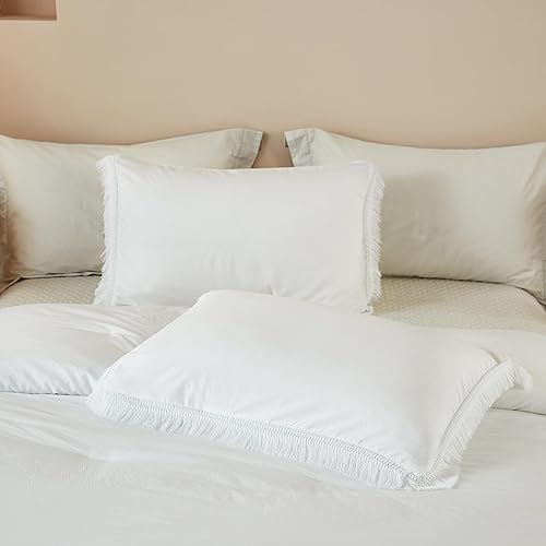 Miniatura 9 de Litanika Juego de edredón blanco tamaño Queen, edredón bohemio con borlas estéticas, juego de ropa de cama ligero de microfibra con flecos de 3