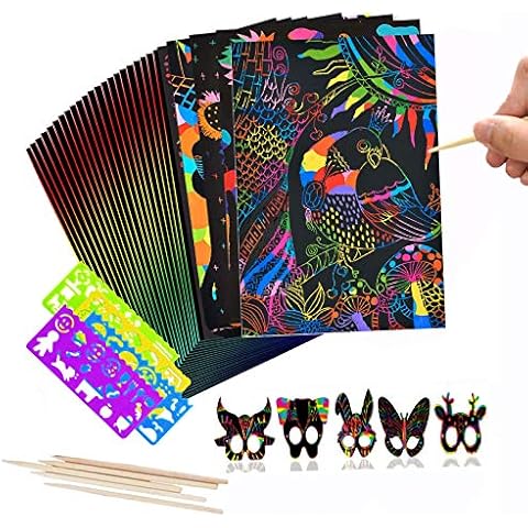 Scratch Art for Kids,50 Sheets Rainbow Scratch Notes Paper Combo Arts Set Black Magic Scratch Art Notes Paper Boards Doodle Pad for Christmas Birthdays Party Gift (5.31" x 7.6") Cover